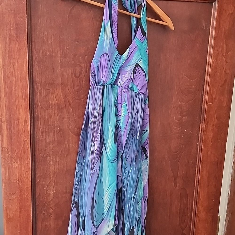 Beachy Beauty Halter Maxi Artsy Size 10 Aqua Purple High Low Style Tie Dress
